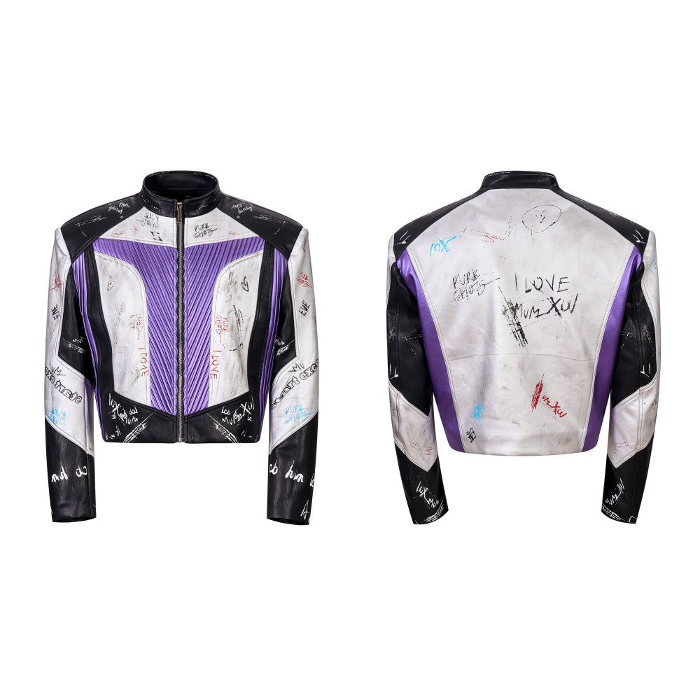 Short Stand‑Up Collar Graffiti Leather Jacket