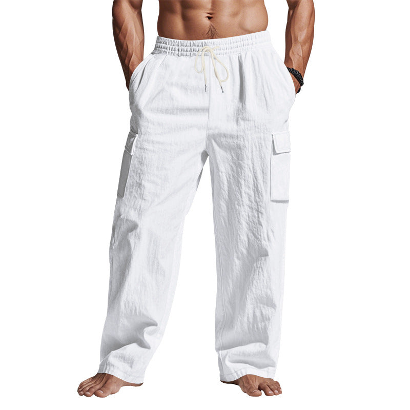 Workwear Multi-Pocket Straight Linen Pants
