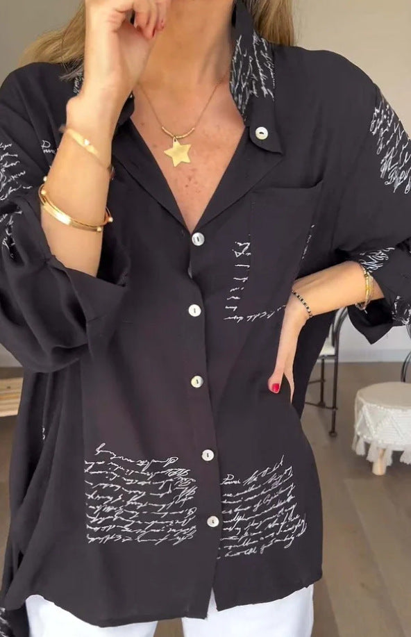 Loose Letter Print Long Sleeve Shirt