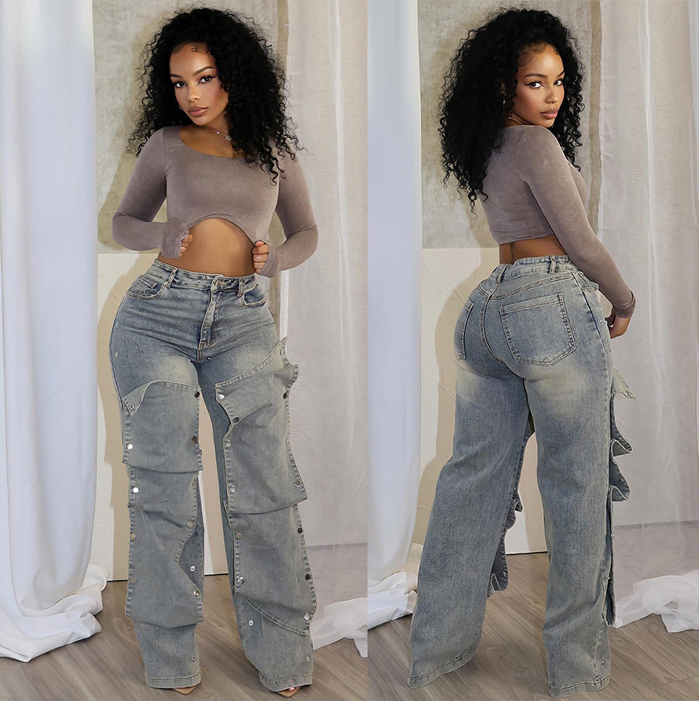 High Waist Button Straight Jeans