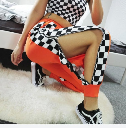 White Checkerboard Zip-Up Joggers