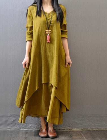 V-Neck Retro Linen Cotton Dress