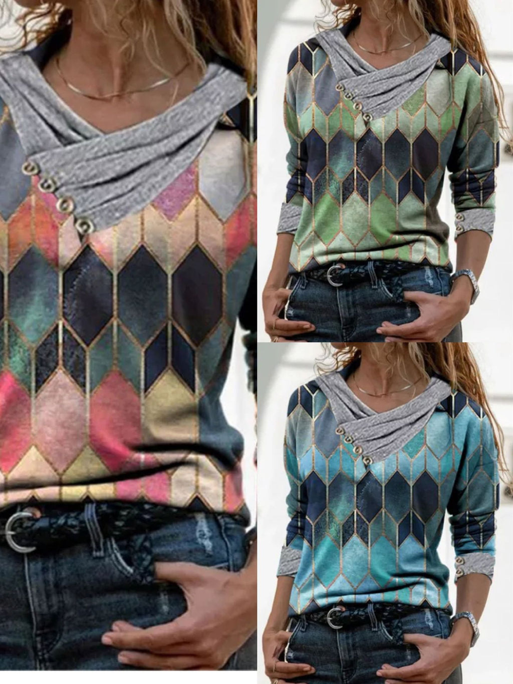 Loose V-Neck Long Sleeve Printed T-Shirt