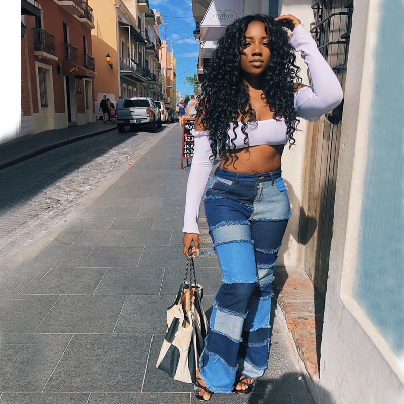 High-Waist Patchwork Flare Jeans