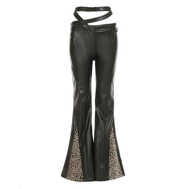 Lace Stitching Faux Leather Flare Pants