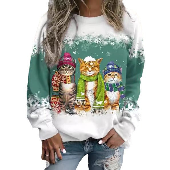 Christmas Snowman & Cat Long Sleeve T-Shirt