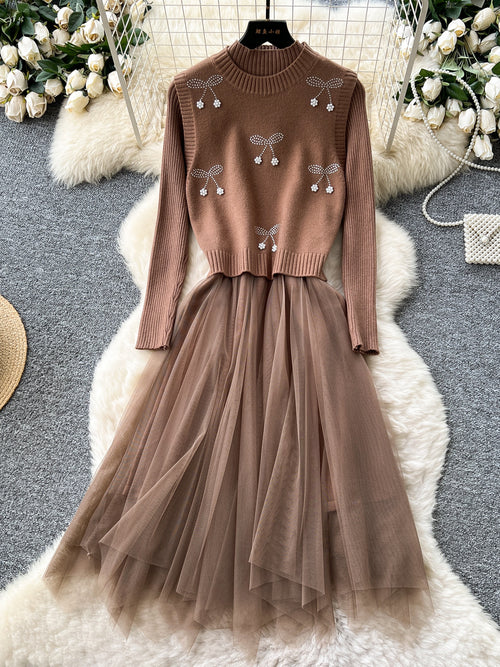Cherry Knit Patchwork Mesh Long Sleeve Dress
