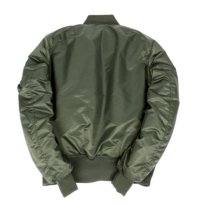 Green flight bomber jacket with a plain back, gathered sleeves and ribbed cuffs and hem
