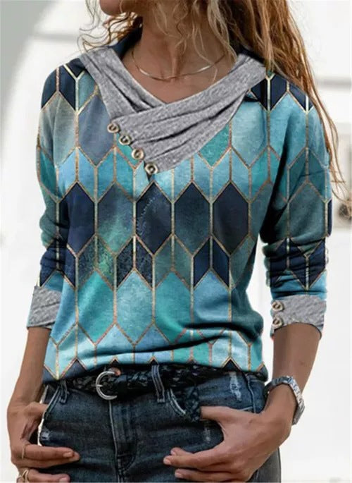 Loose V-Neck Long Sleeve Printed T-Shirt