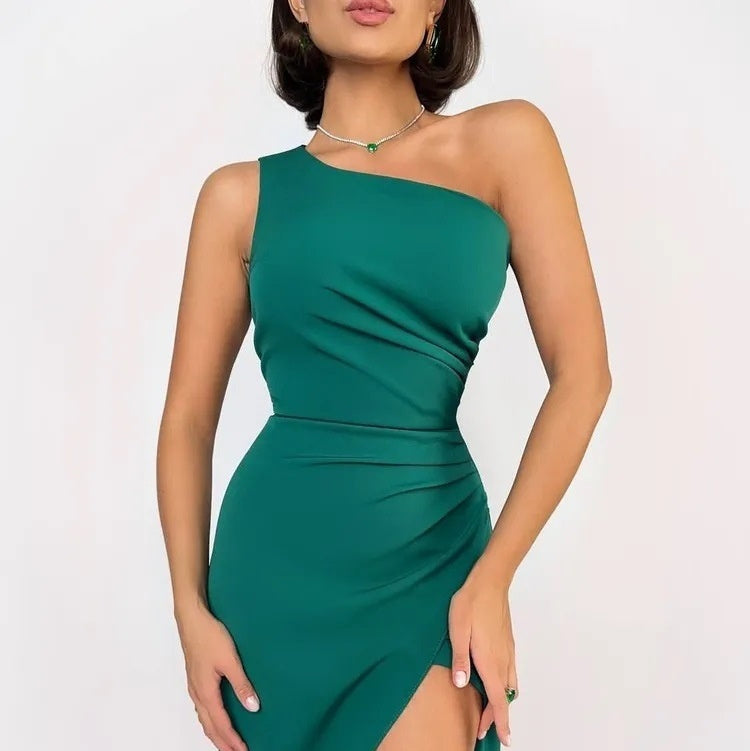 Satin One Shoulder Slit Bodycon Dress