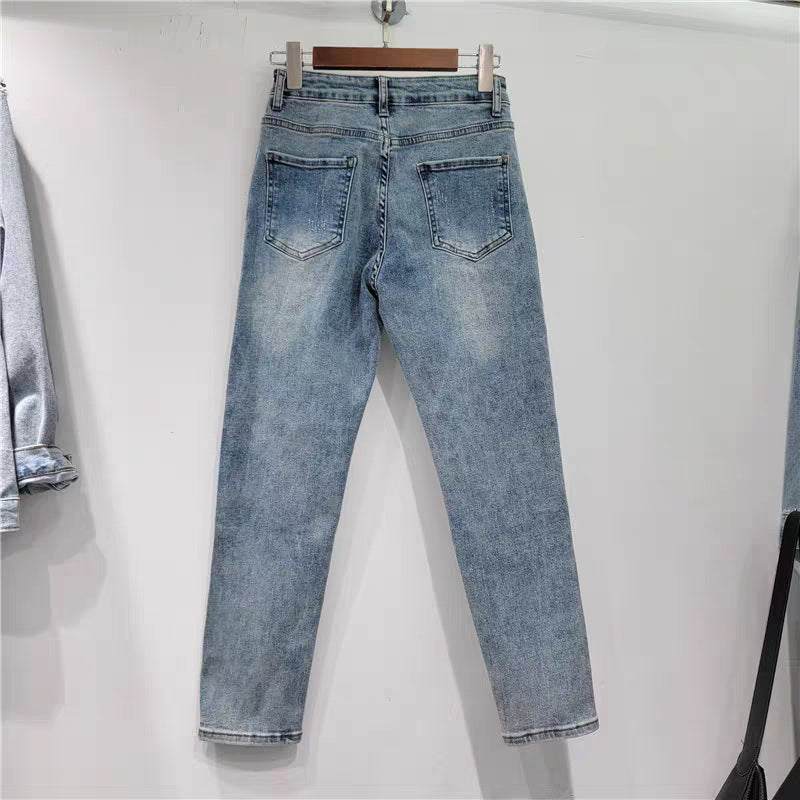 High Waist Ripped Diamond Embellished Slimming Jeans