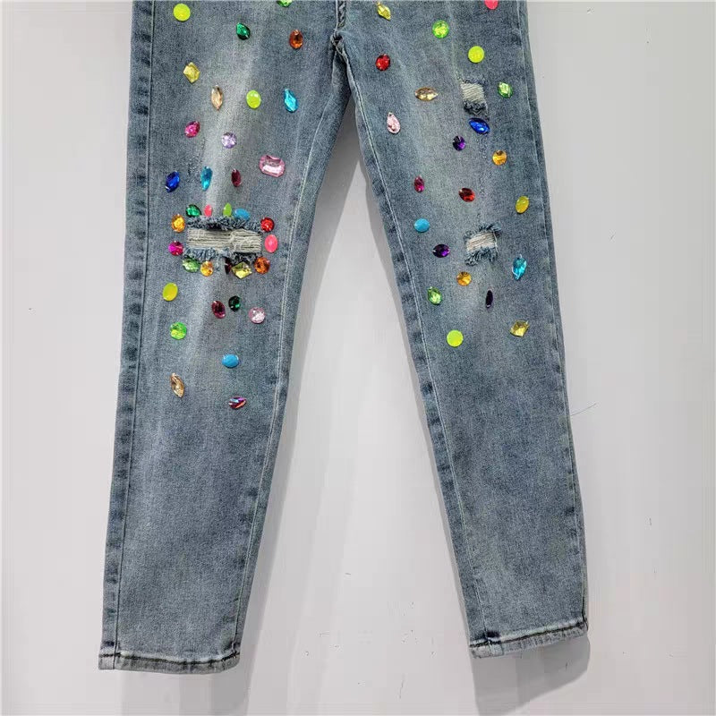 High Waist Ripped Diamond Embellished Slimming Jeans
