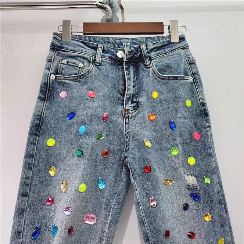 High Waist Ripped Diamond Embellished Slimming Jeans