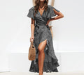 V-Neck Irregular High Waist Lace-Up Chiffon Print Dress