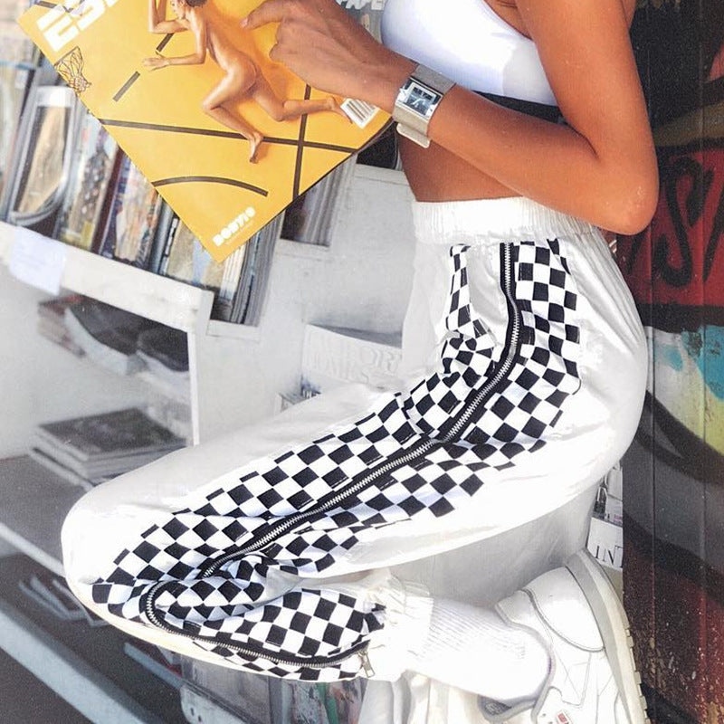 White Checkerboard Zip-Up Joggers