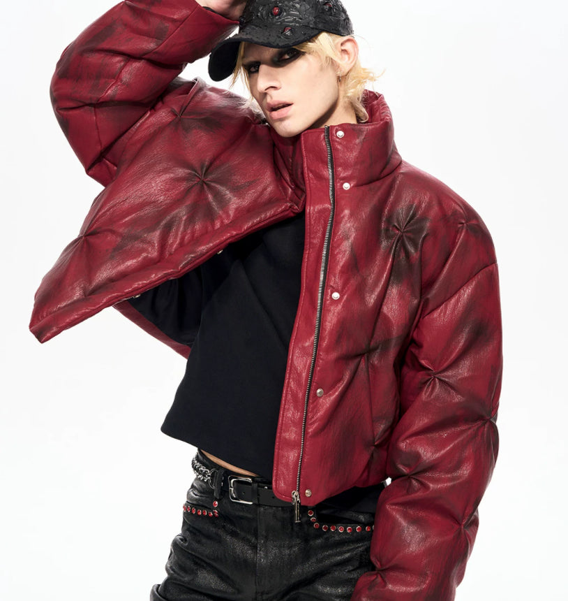 Unisex Cropped Leather Puffer Jacket