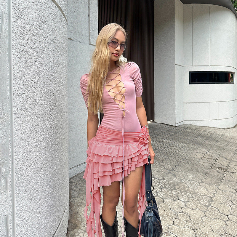 Scarlet Siren™ Deep V Lace-Up Dress