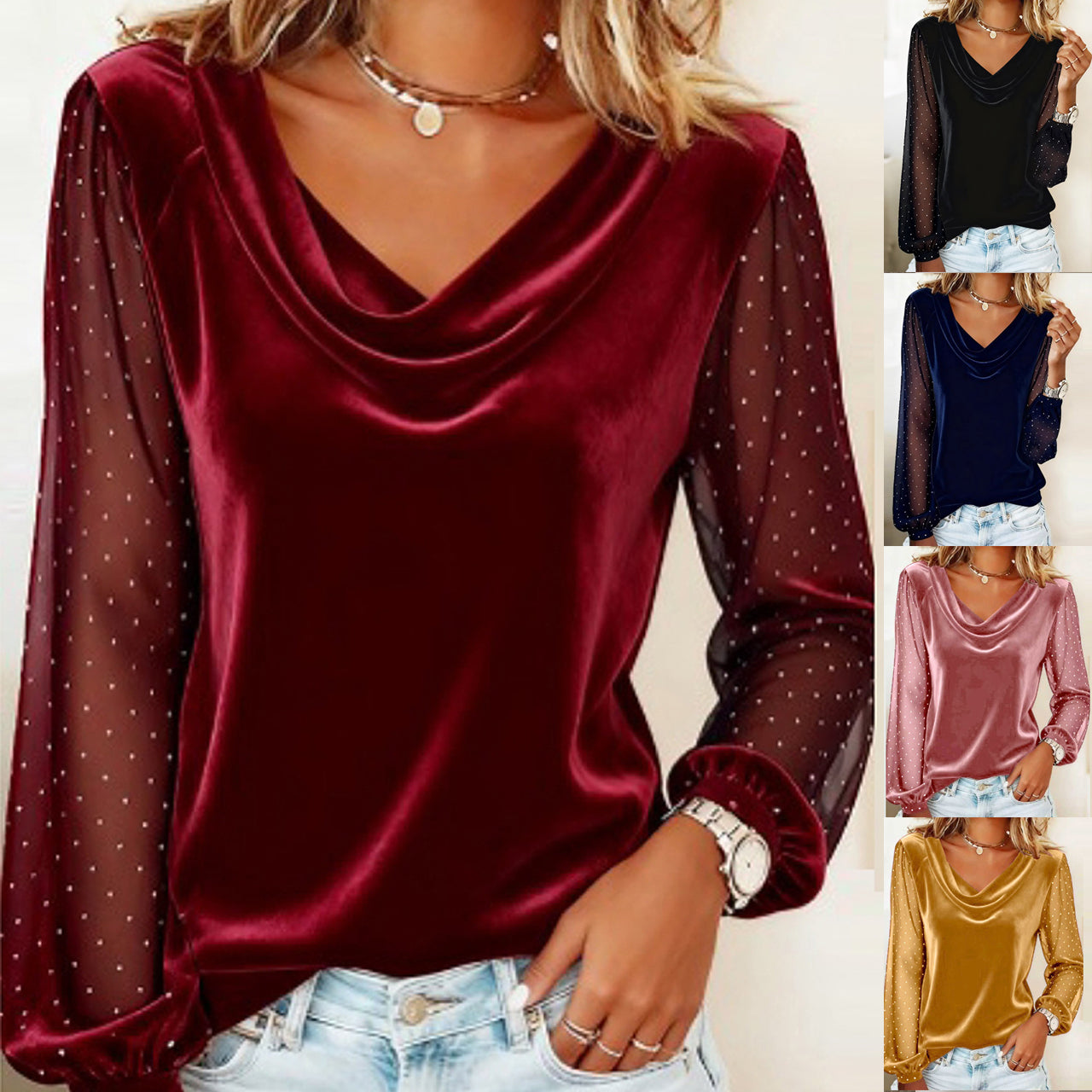V-Neck Velvet Long-Sleeve Top