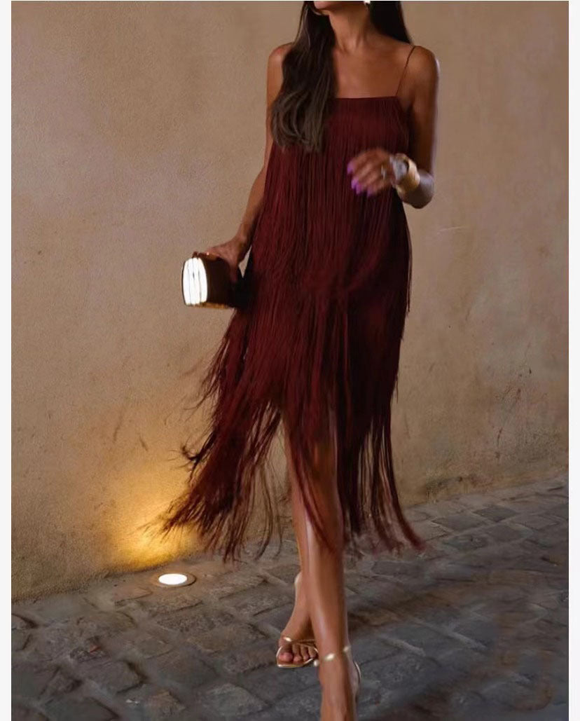 Fashion Suspenders Tassel Party Dress
