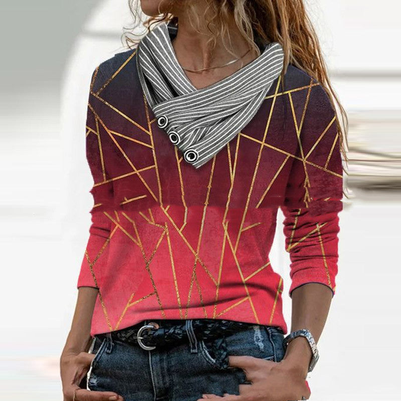 Loose V-Neck Long Sleeve Printed T-Shirt