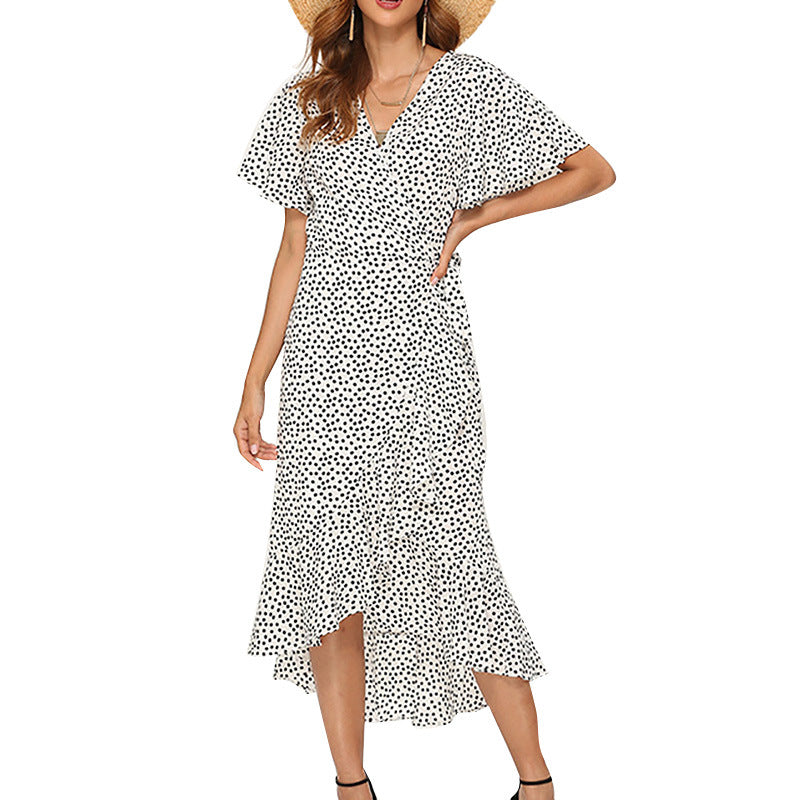 V-Neck Irregular High Waist Lace-Up Chiffon Print Dress