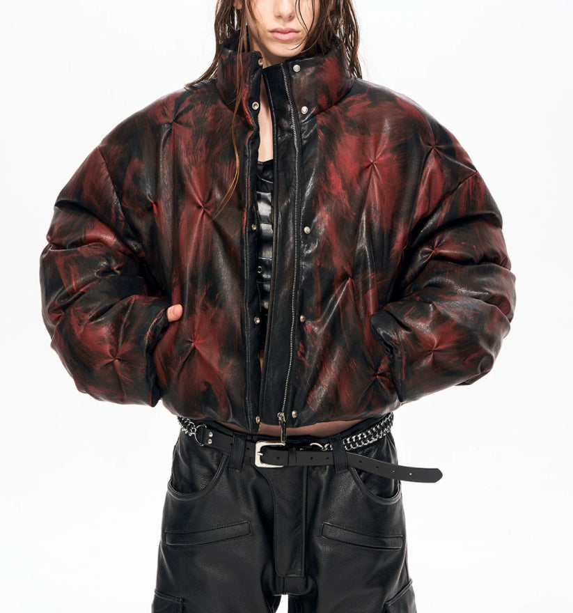 Unisex Cropped Leather Puffer Jacket