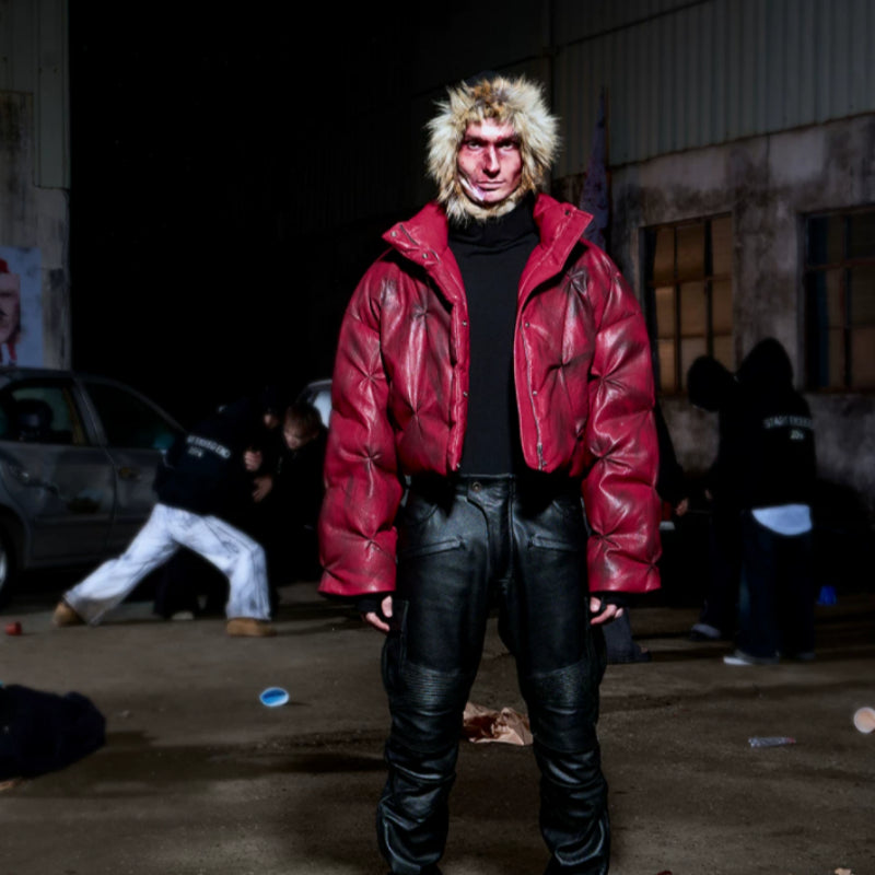Unisex Cropped Leather Puffer Jacket