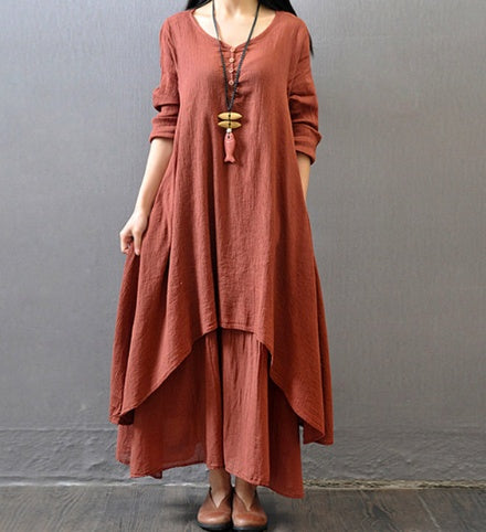 V-Neck Retro Linen Cotton Dress