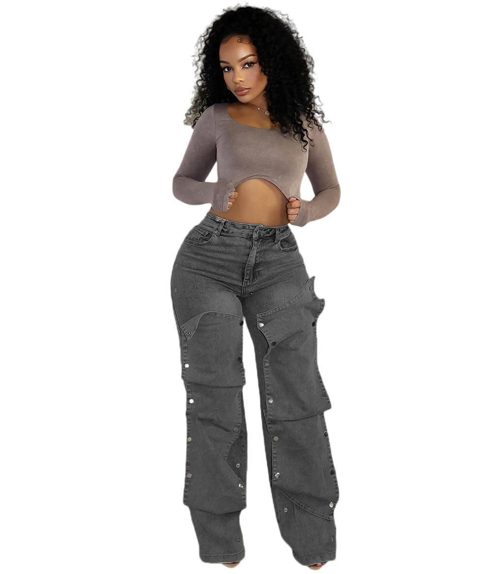 High Waist Button Straight Jeans