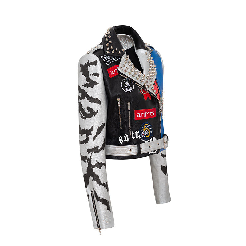 Graffiti Print Leather Jacke
