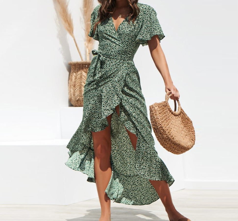 V-Neck Irregular High Waist Lace-Up Chiffon Print Dress
