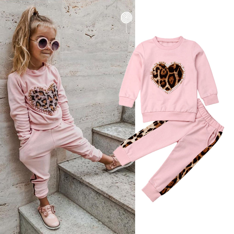 Kids' pink printed hoodie and jogger set, sizes 80–120 cm