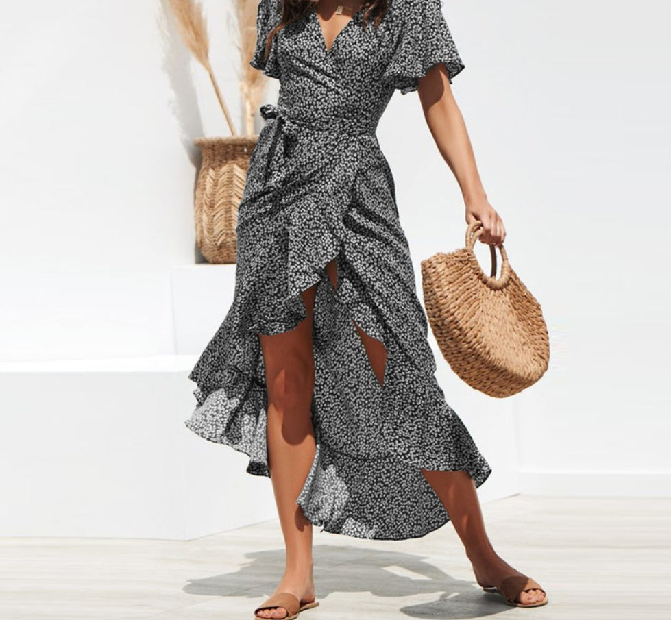 V-Neck Irregular High Waist Lace-Up Chiffon Print Dress