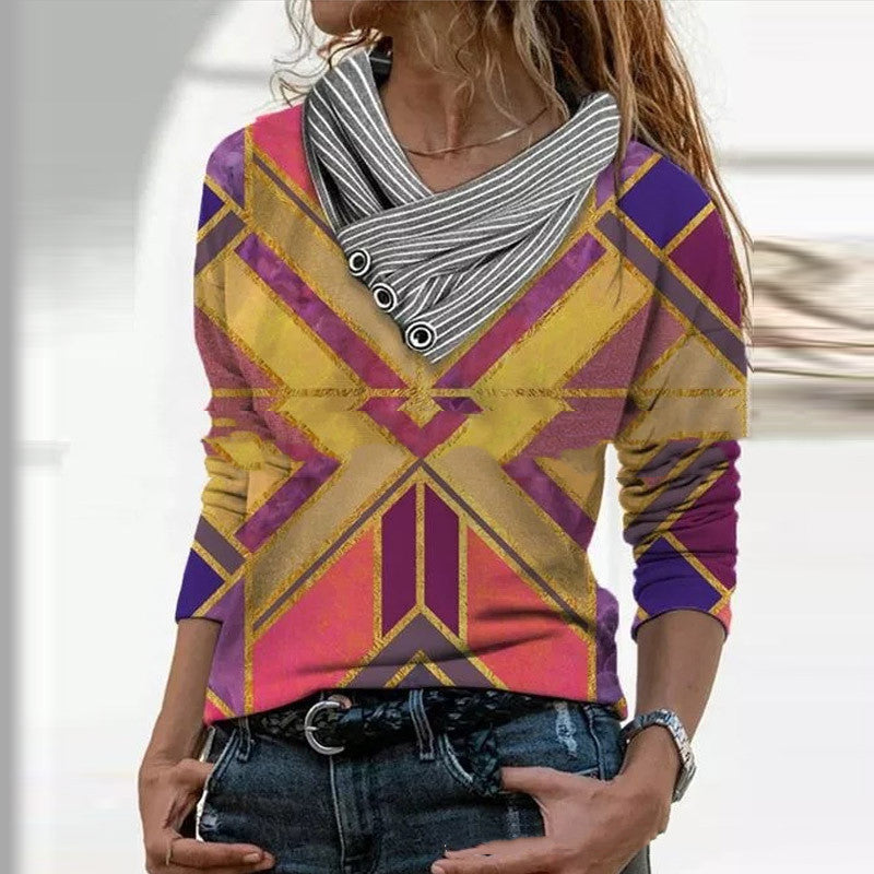 Loose V-Neck Long Sleeve Printed T-Shirt