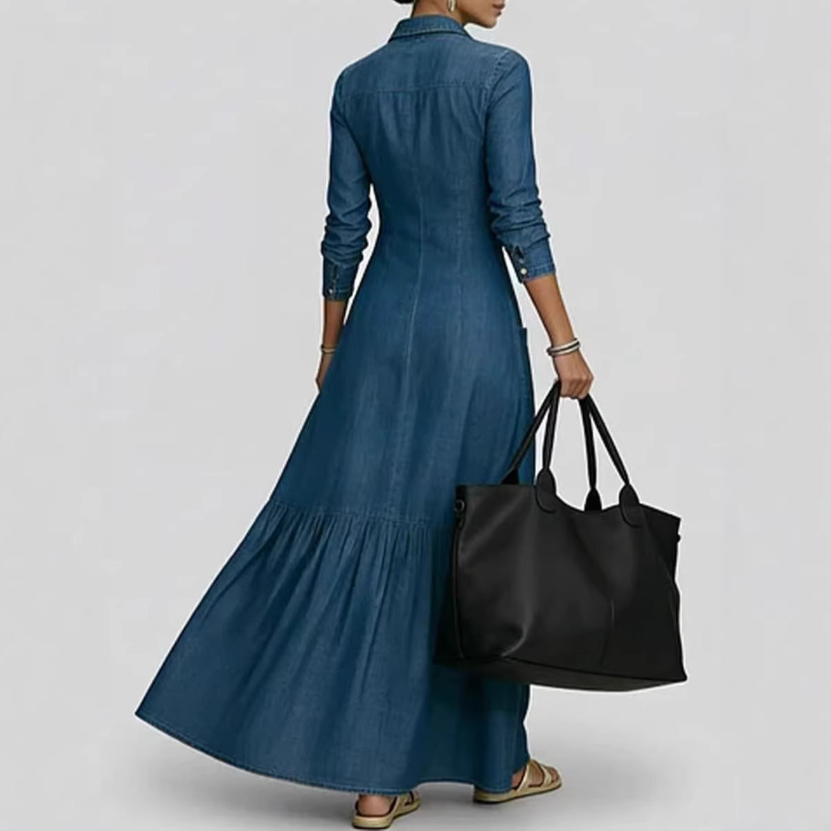 Denim Maxi Dress with Fitted Waist and Vintage Collar