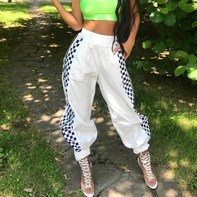 White Checkerboard Zip-Up Joggers