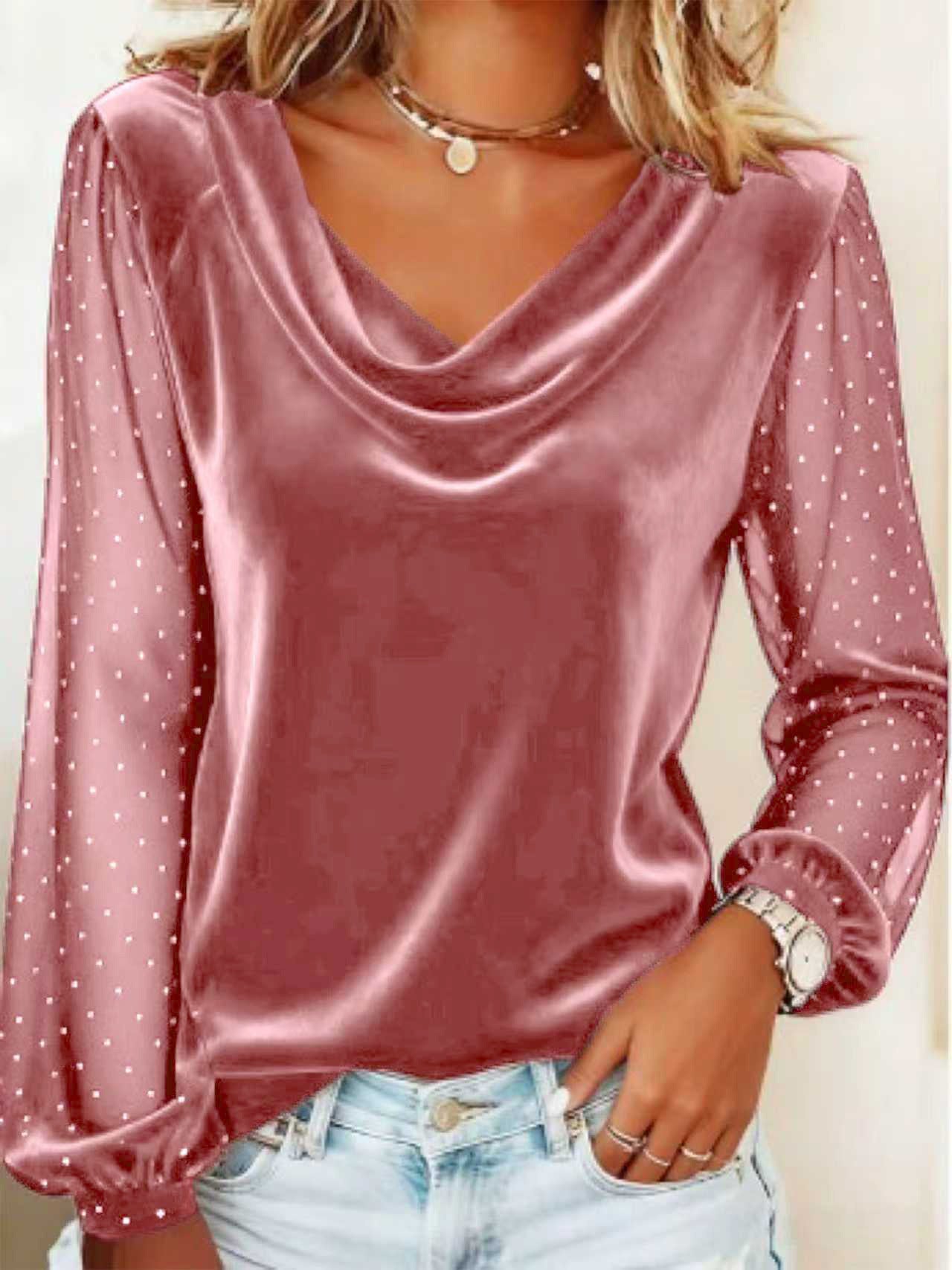 V-Neck Velvet Long-Sleeve Top