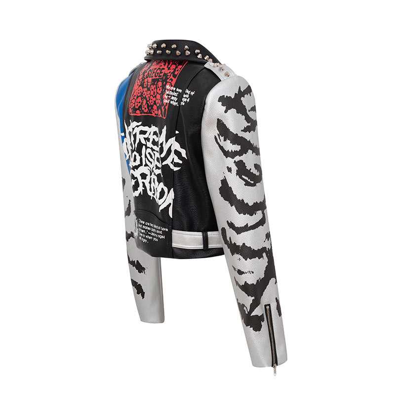 Graffiti Print Leather Jacke