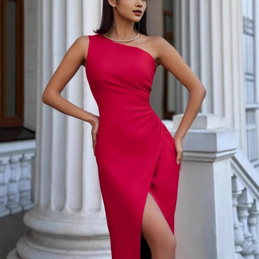 Satin One Shoulder Slit Bodycon Dress
