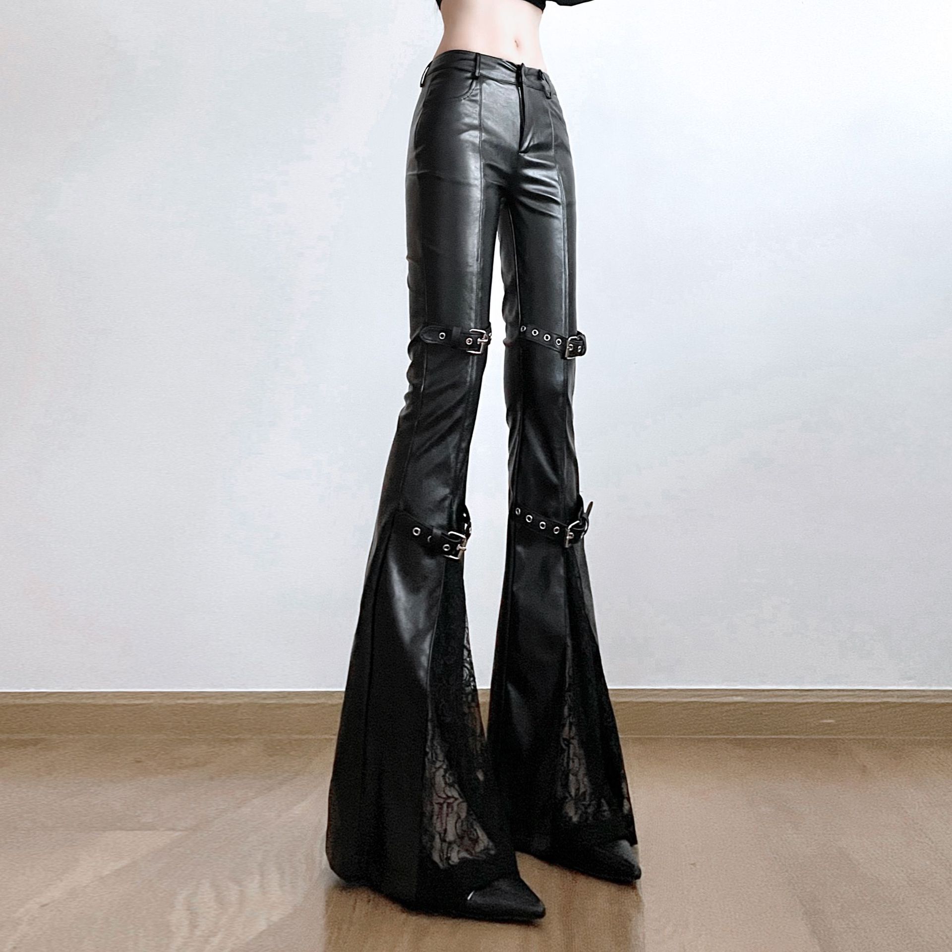 Lace Stitching Faux Leather Flare Pants