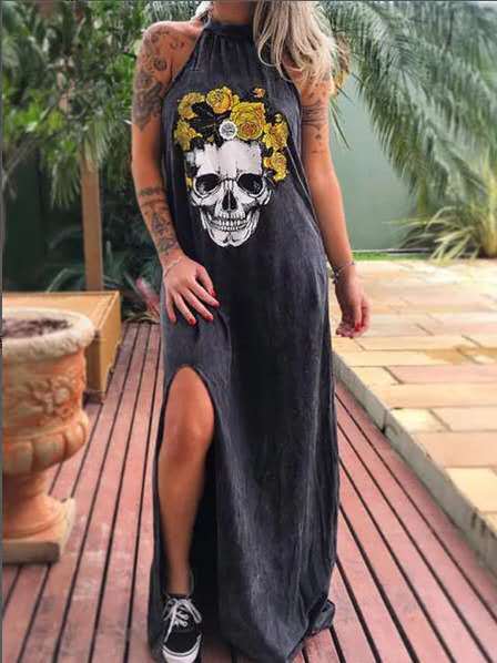 Skull Print Slim Fit Maxi Dress