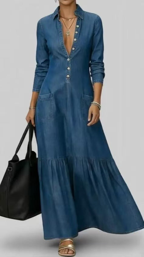 Denim Maxi Dress with Fitted Waist and Vintage Collar
