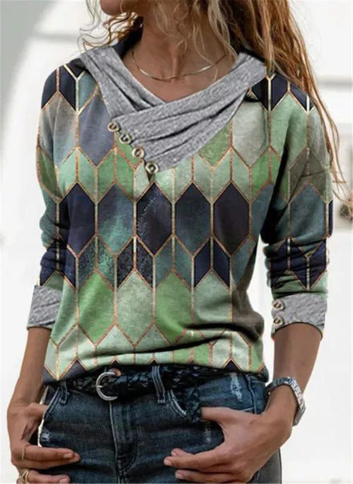 Loose V-Neck Long Sleeve Printed T-Shirt