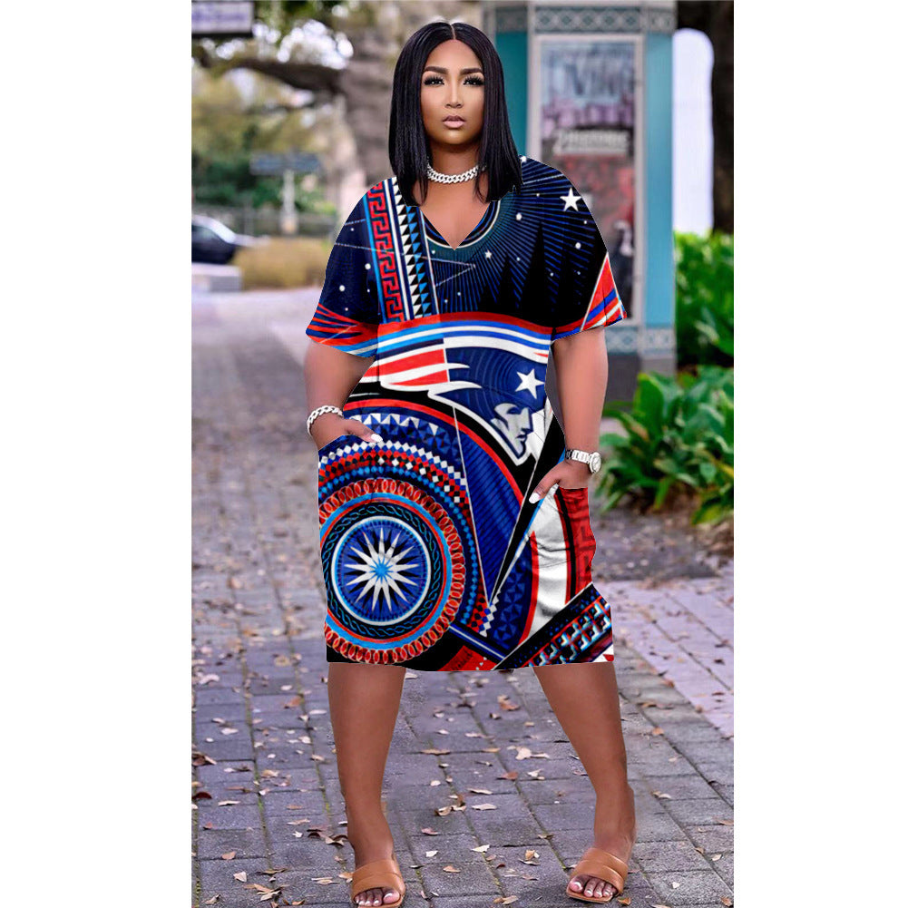Loose Fit Digital Print Short Sleeve Street Style Dress