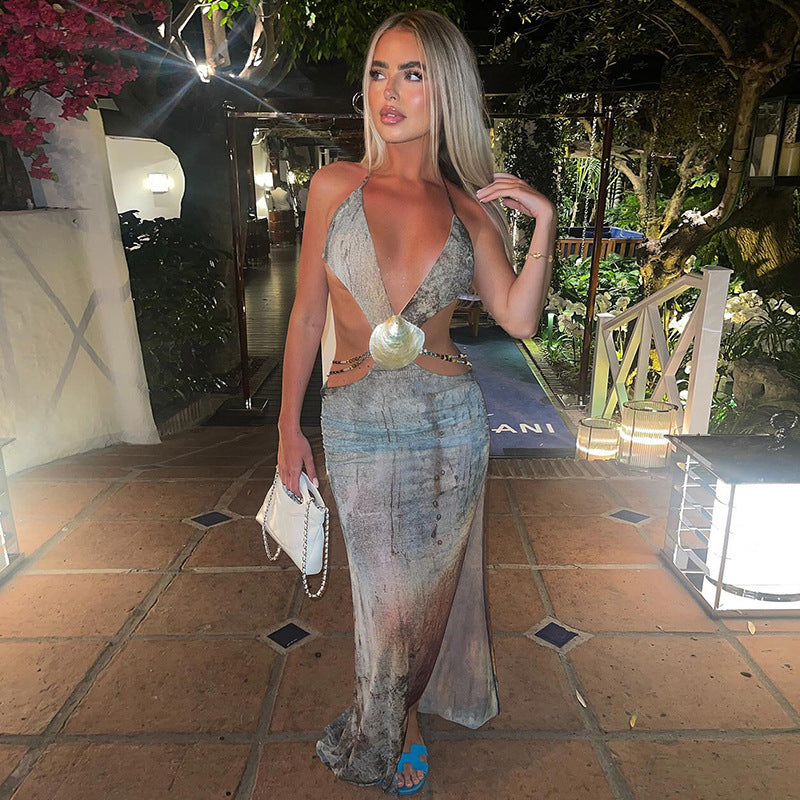 Deep V Halter Lace-Up Backless High Waist Maxi Dress