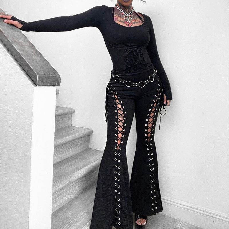High Waist Corset Strap Bell-Bottom Pants