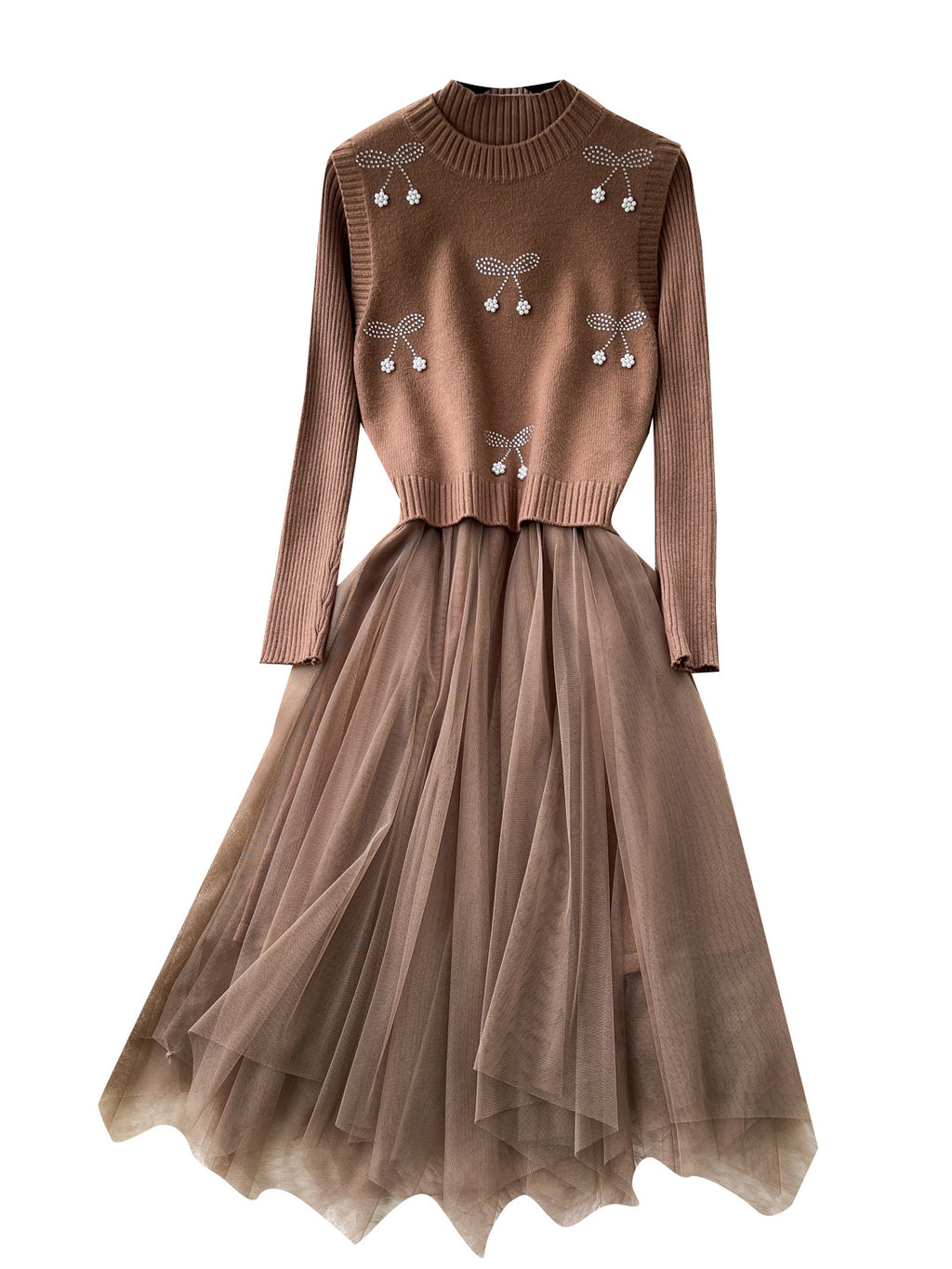 Cherry Knit Patchwork Mesh Long Sleeve Dress