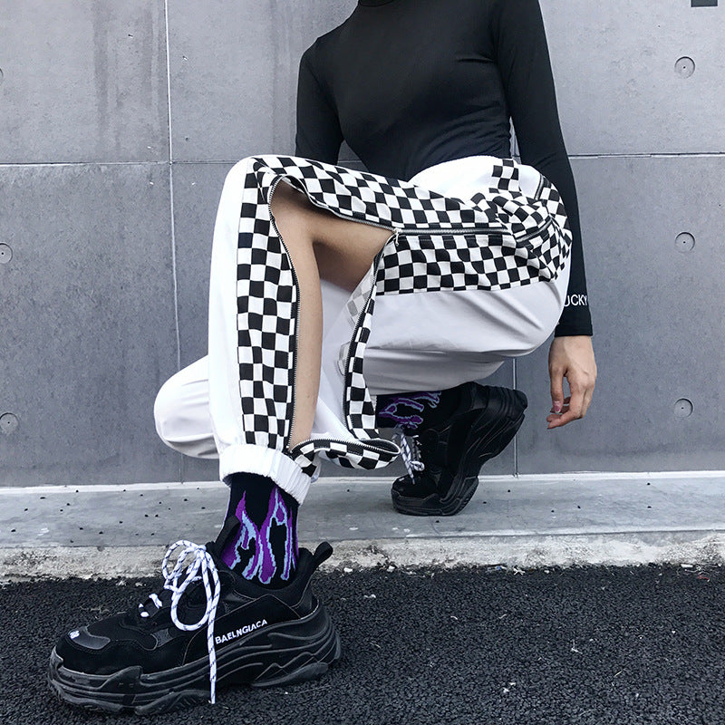 White Checkerboard Zip-Up Joggers