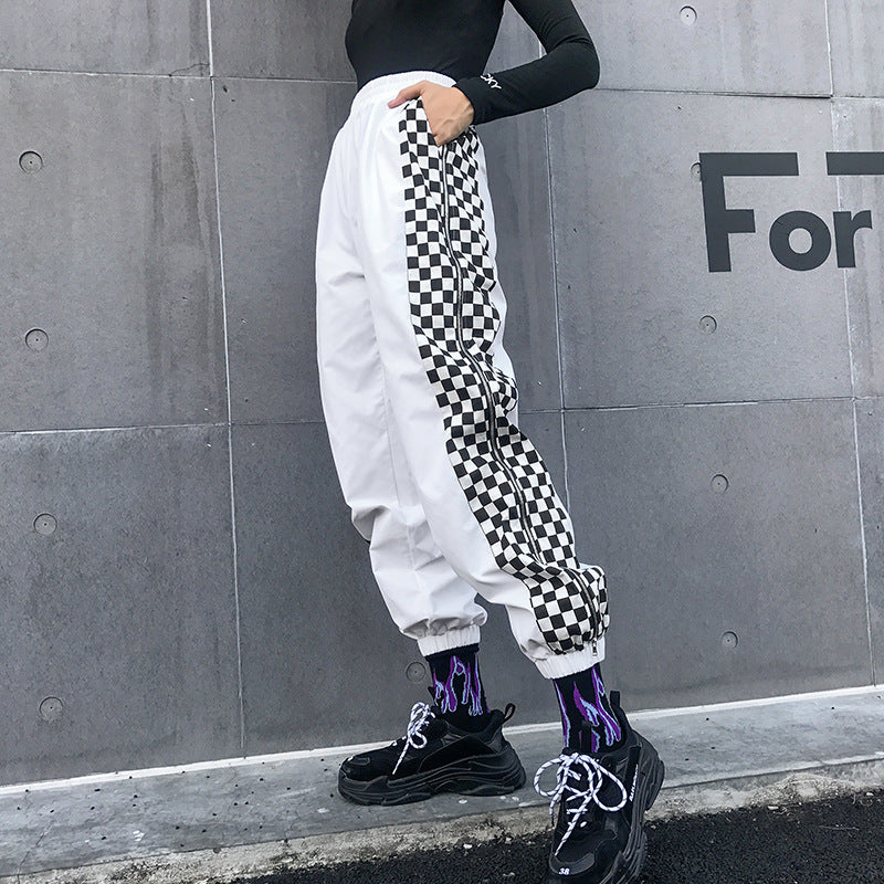 White Checkerboard Zip-Up Joggers
