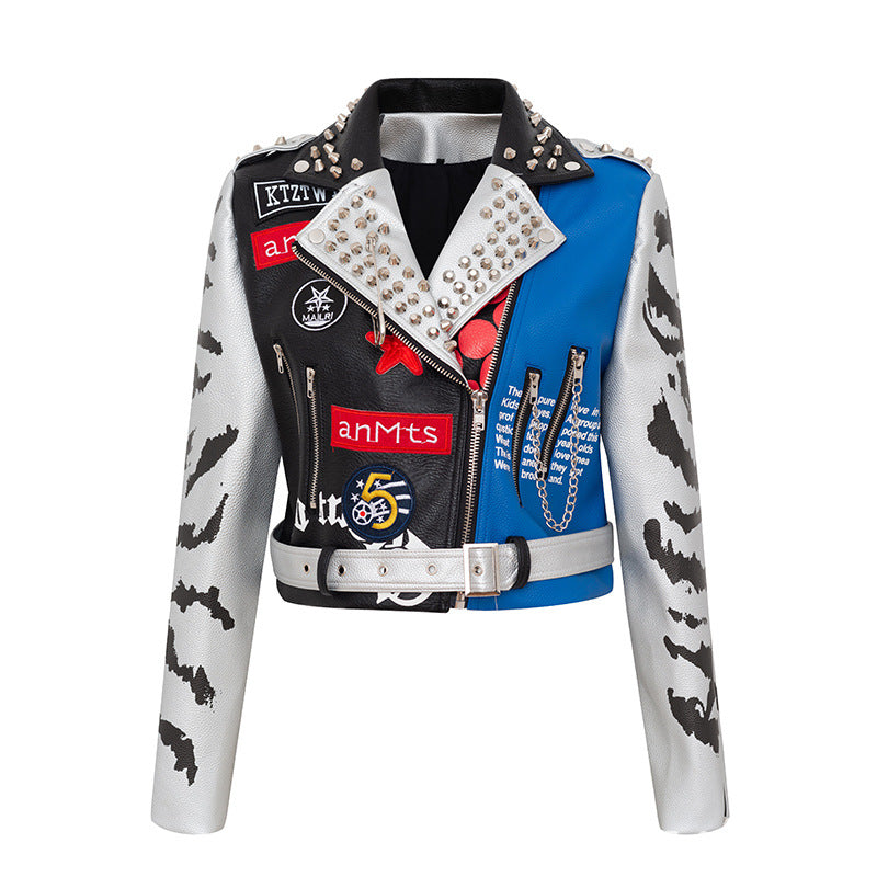 Graffiti Print Leather Jacke